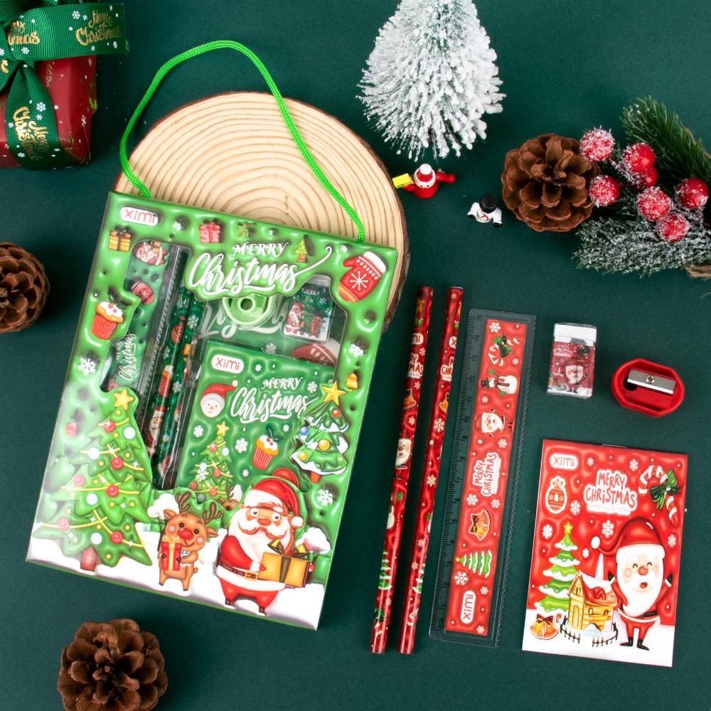 Red Green Santa Xmas Tree Pattern Gift Box with Pencil Eraser Note Book Christmas Stationery Favor Pack Set for Christmas 2024