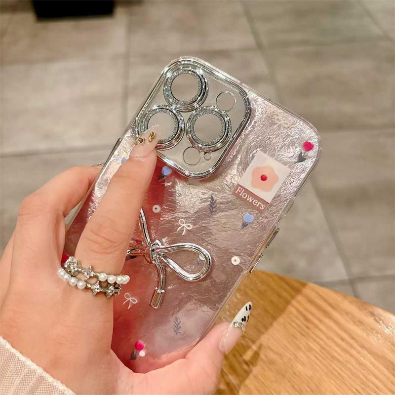 Korea Flower Bracelet 3D Silver Bowknot Case For Iphone 16 15 14 13 12 11 Pro XS Max Plus Girl Clear Cover Epoxy Shell
