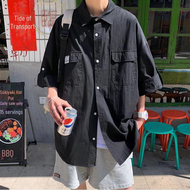 Мужская модная корейская летняя однотонная повседневная рубашка с рукавом три четверти