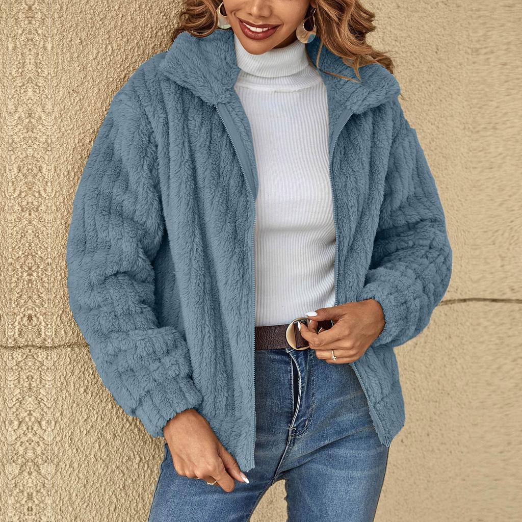 Womens Long-Sleeve Zip Up Front Warm Casual Raglan Velvet Jacket  Outwear Cardigan