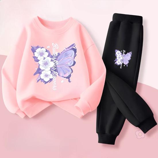 Spring Long Sleeved Top Long Pants Two Piece Sets for Girls Elegant Butterfly Printed Hoodies Suit Children's Outfits Tracksuit
