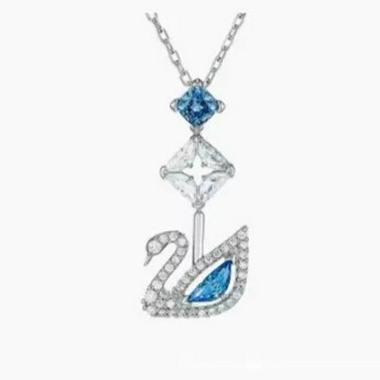 Luxury Blue Tear Swan Pendant Necklace with Full Diamond Accents - Elegant Water Drop Collarbone Chain