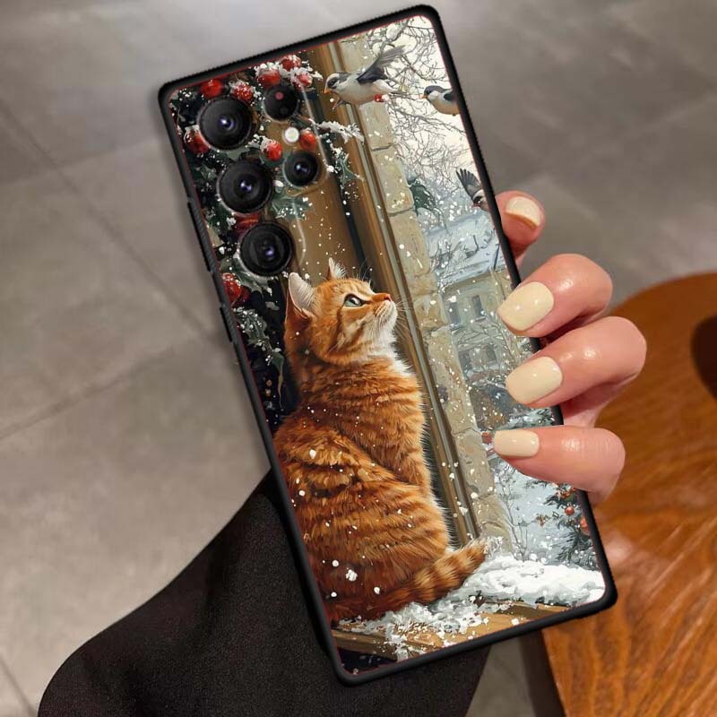 Милая мультяшная кошка Иллюстрация Чехол для телефона Для Samsung Galaxy S26 S25 S24 S23 S22 S21 S20 Ultra Plus FE 5G Черный Мягкий ТПУ