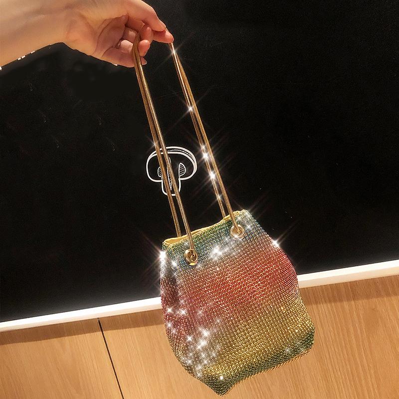 Yogodlns Женские модные сумки-ведра со стразами и бриллиантами, женские сумки на плечо с цепочкой в ​​стиле ретро, ​​блестящие маленькие сумки через плечо, женские сумки