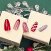 24 Pieces French Red Candy Striped Nail Art Christmas Silver Glitter Wear Nail Short Almond Fake Nail Pieces