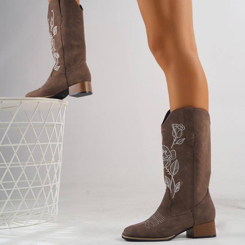 Обувь для женщин 2024 Высококачественные женские сапоги до середины икры Новые вышитые современные сапоги Женские сексуальные туфли на квадратном каблуке Femalezapatos