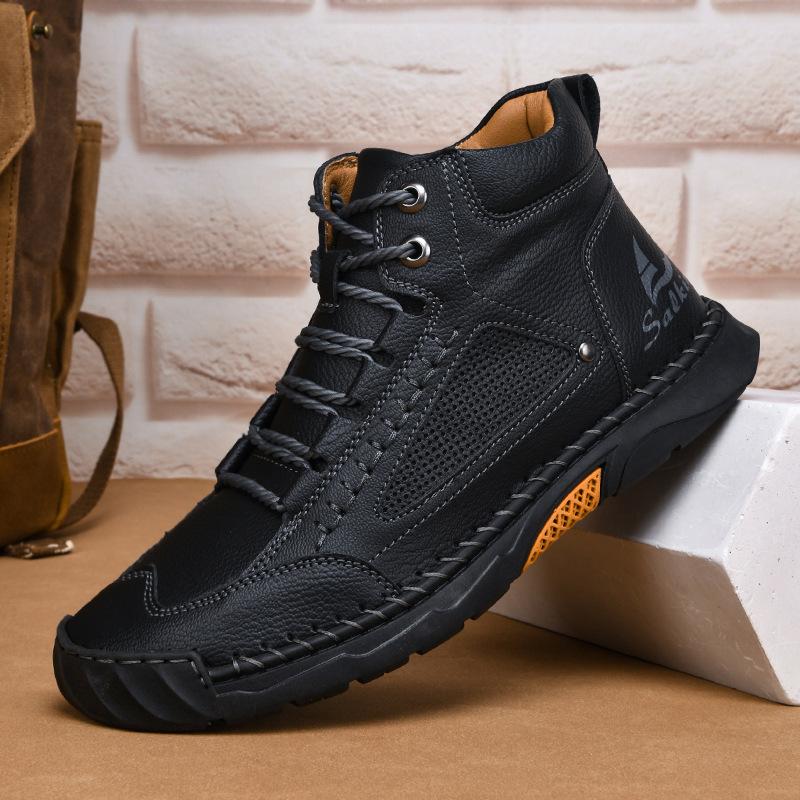 2025 New Large Size Men's Leather Boots Fashion Hand-stitched Ankle Boots Flat Short Boots Lace-up Casual Shoes