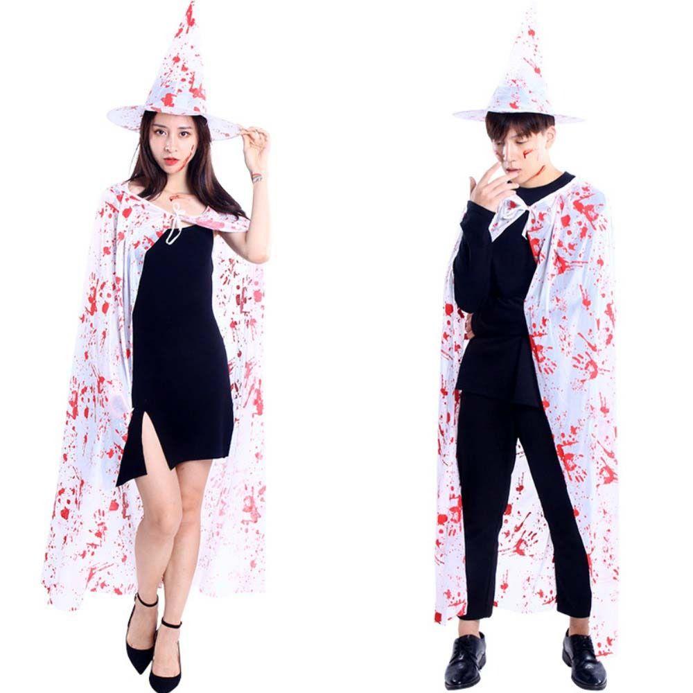Cosplay Props Witch Cloak Hat Set Blood Printed Horror Cape Halloween Blood Costume  Decoration