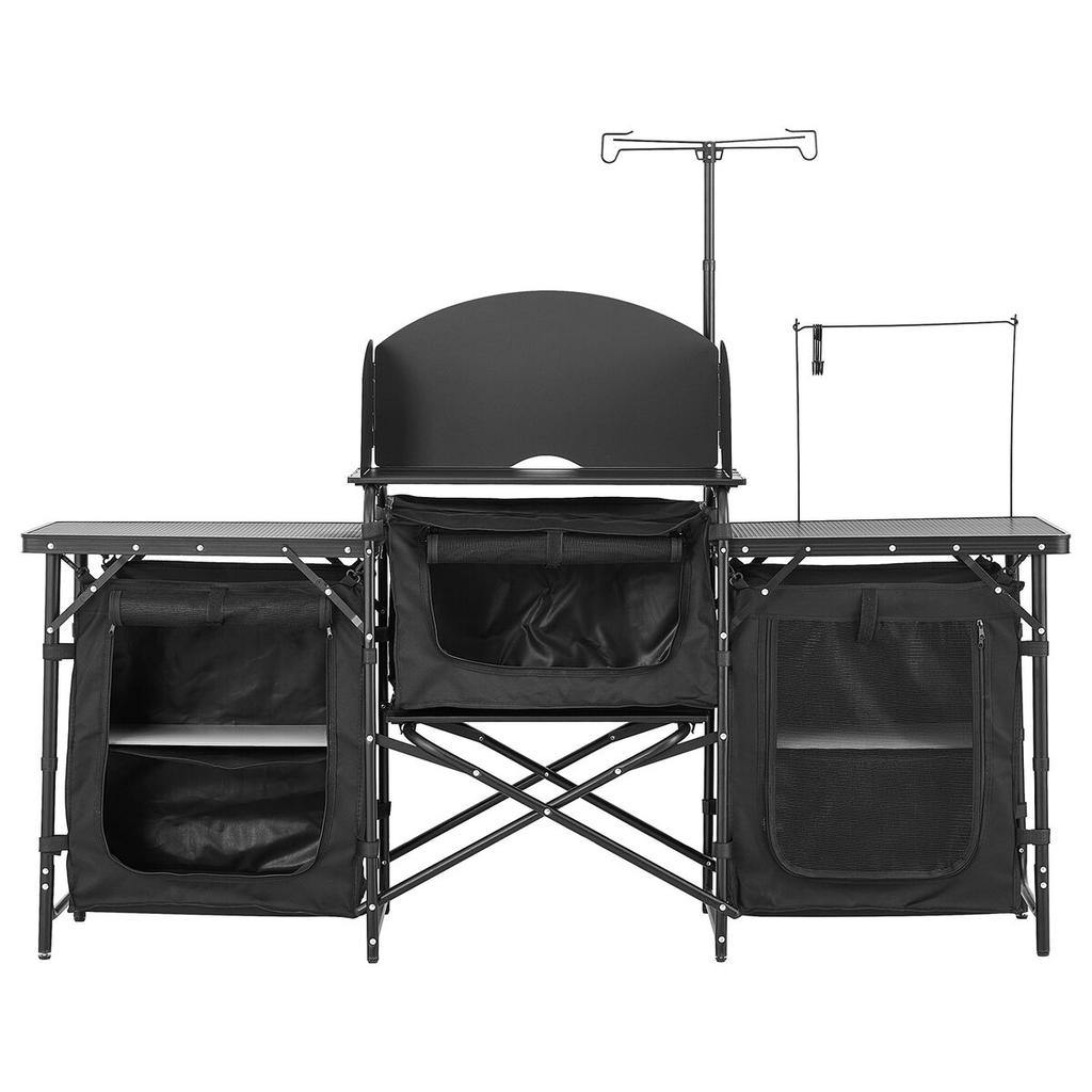 Camping Kitchen Table Portable Outdoor Cook Station Windshield Cupboards