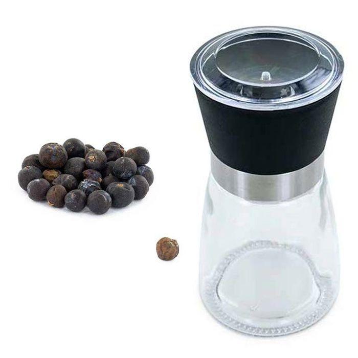 Moulin à épices en verre et céramique + baies de genévrier bio