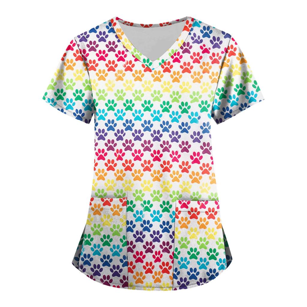 Женская мода с v-образным вырезом, короткими рукавами и карманами, топы с принтом