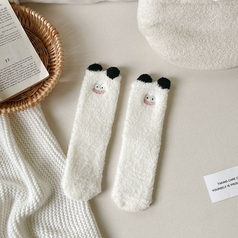 Носки из кораллового флиса для женщин на зиму Утепленные плюшевые теплые носки для сна Милые мультяшные напольные носки и длинные чулки