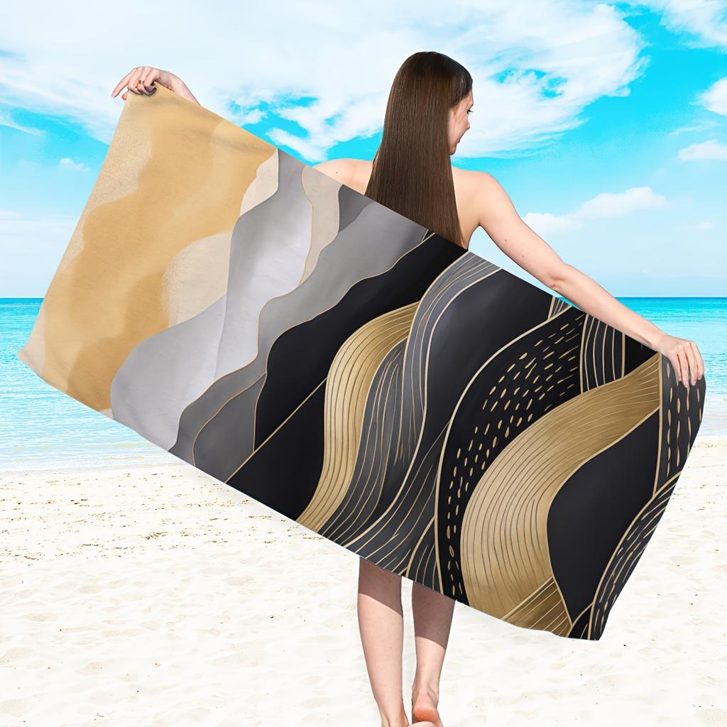 Luxury Abstract Gold And Black Wave Art Beach Towel Modern Geometric Print Soft Microfiber Large Bath Towel For Adults