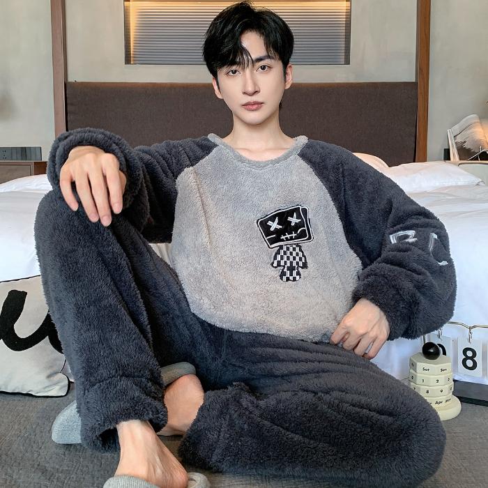 Осенне-зимний комплект мужской пижамы из кораллового флиса, утепленная фланель, теплая пижама большого размера с рисунком, мягкая пижама для мужчин, домашняя одежда