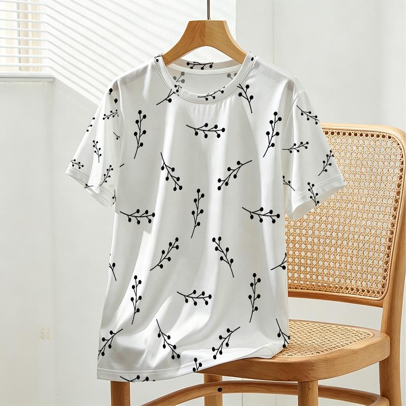 Women's Ins Style Short Sleeve T-Shirt, Simple Plant Print, Soft & Skin-friendly Versatile Casual Daily Wear