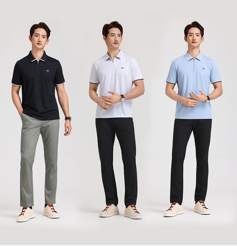 Langdeng Men's Summer Refreshing Cotton and Hemp Half Zipper Collar Business and Leisure Polo Shirt