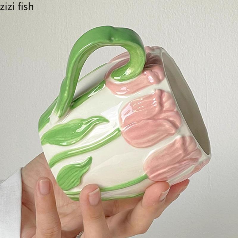 Рельеф тюльпана, расписанный вручную, керамическая кружка, кружка для послеобеденного чая, кофейная кружка, красивая молочная кружка, чашка для напитков, домашняя чашка для завтрака, чашки для воды