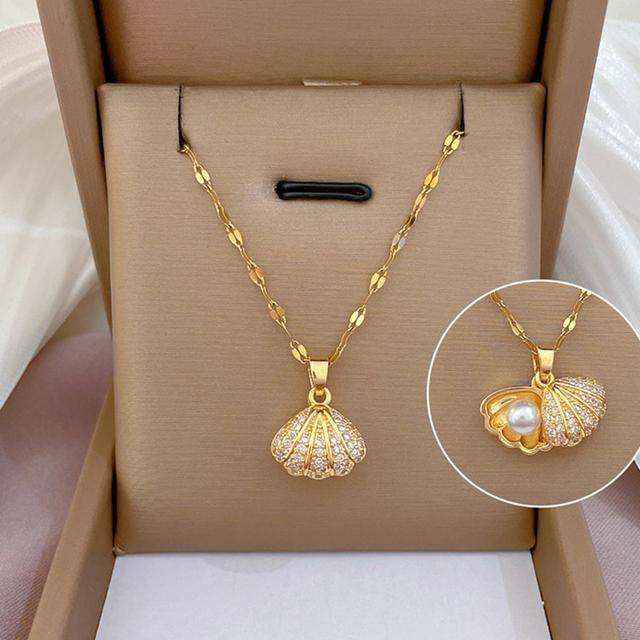 Korean Fashion Shell Pearl Necklace for Women Stainless Steel Creative Copper Micro -inlaid Marine Banquet Wedding Jewelry Gift