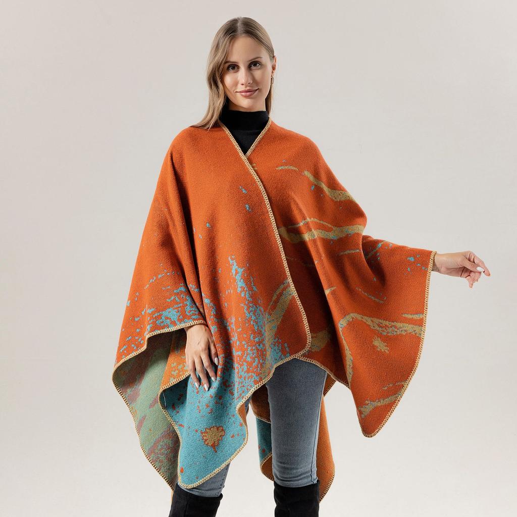 Plain Versatile Shawl Air-Conditioned Room Women'S Knitted Cape With Double-Sided Scarf