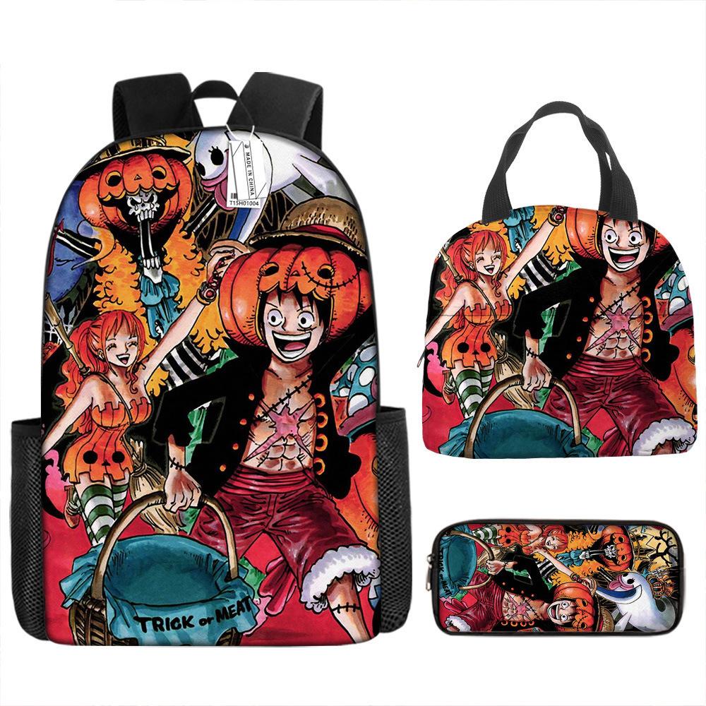 One Piece Luffy Backpack 3-Piece Set Student School Bag Anime Backpack Lunch Box Classic Large Capacity Waterproof