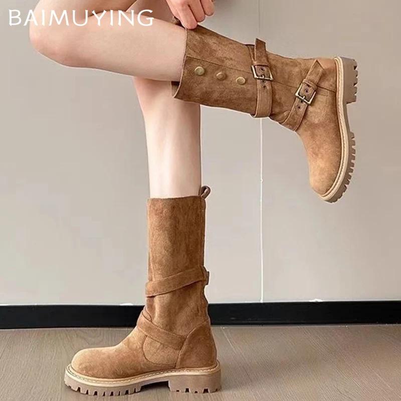 Замшевые толстые женские высокие сапоги дизайнерские туфли на среднем каблуке с пряжкой 2025 года, зимние туфли-лодочки в готическом стиле средней длины для мотоциклистов Botas De Mujer
