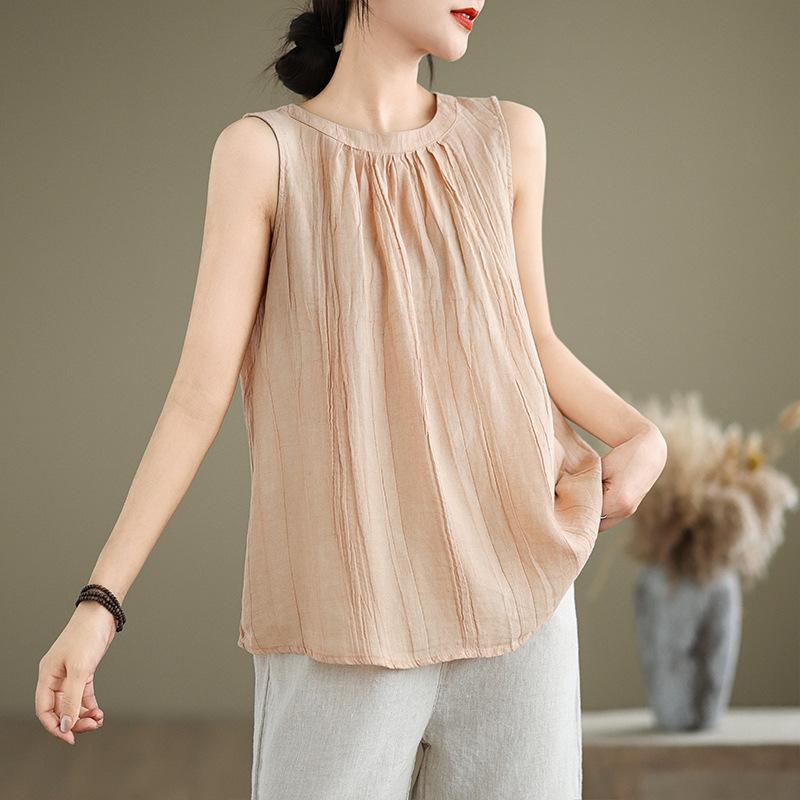 Новый летний свободный жилет из хлопка и льна с текстурой из рами в иностранном стиле, плиссированный повседневный универсальный топ без рукавов для женщин