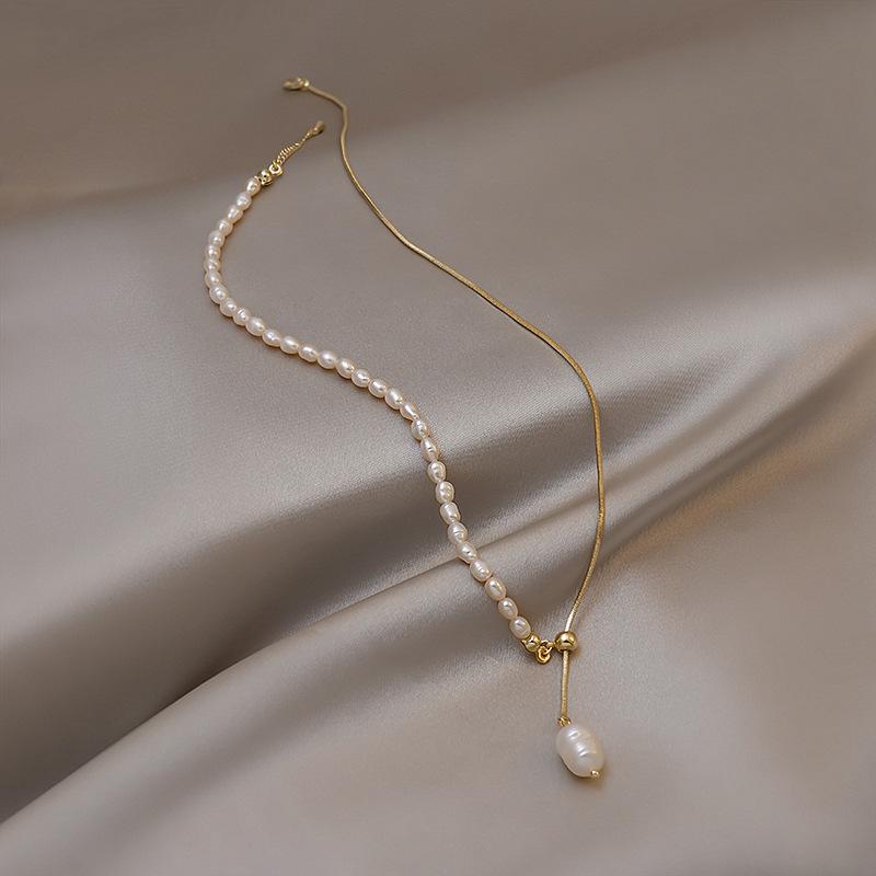Y-Shaped Rice Grain Freshwater Pearl Splicing Necklace Women'S Fashion Design Sense Pull Adjustable Simple Collarbone Chain Neck Chain