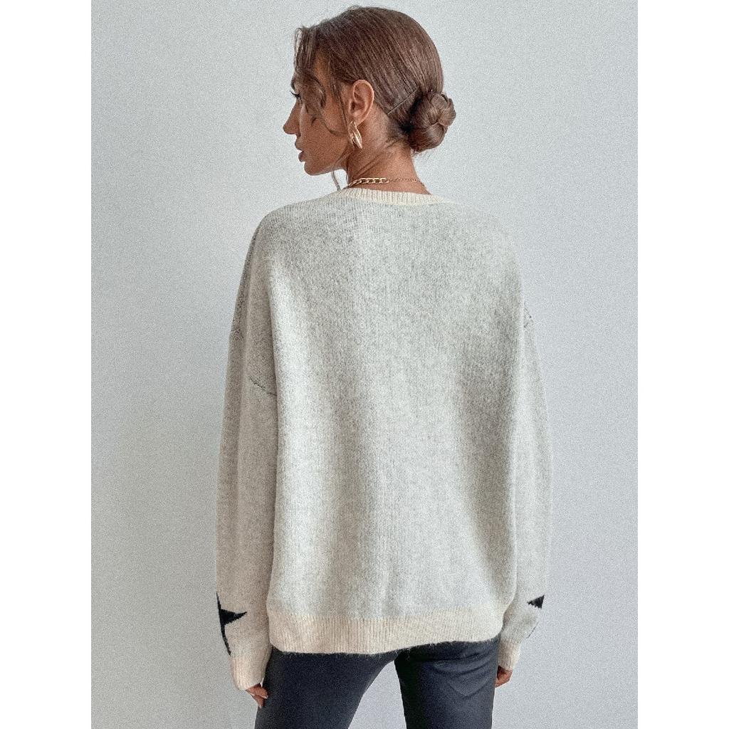 Women's Star Print Long Sleeve Crewneck Sweater Drop Shoulder Pullover Tops