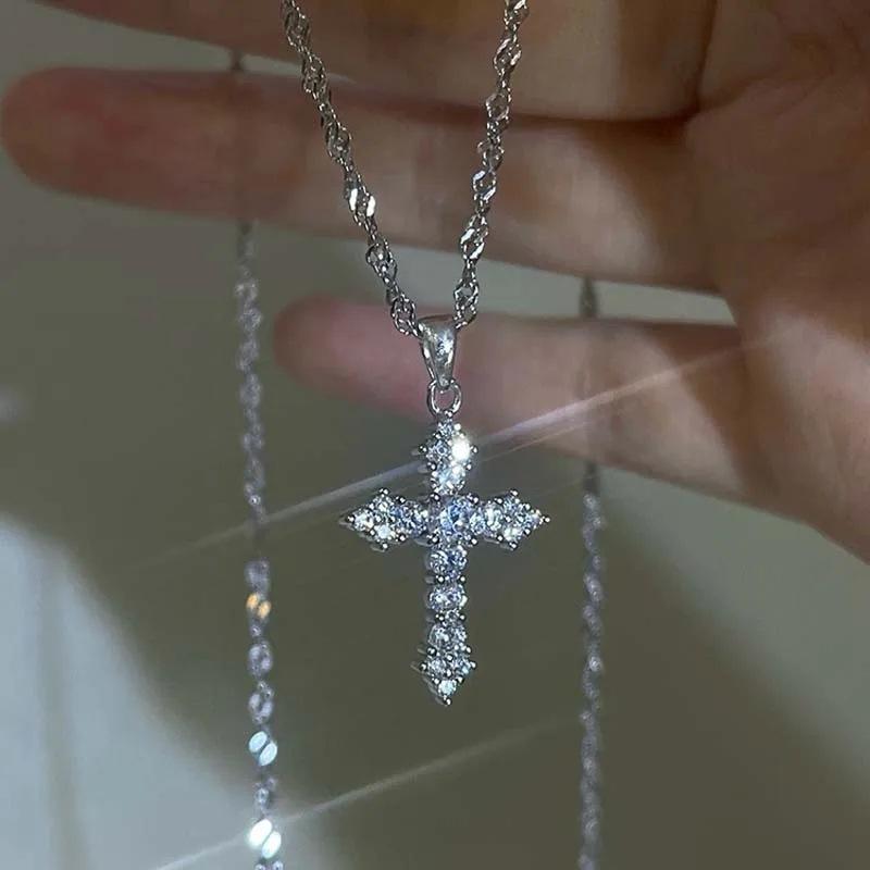 Summer Black Rhinestone Cross Jesus Pendant Choker Necklace for Women Punk Vintage Double Layers Chain Neck Boho Jewelry