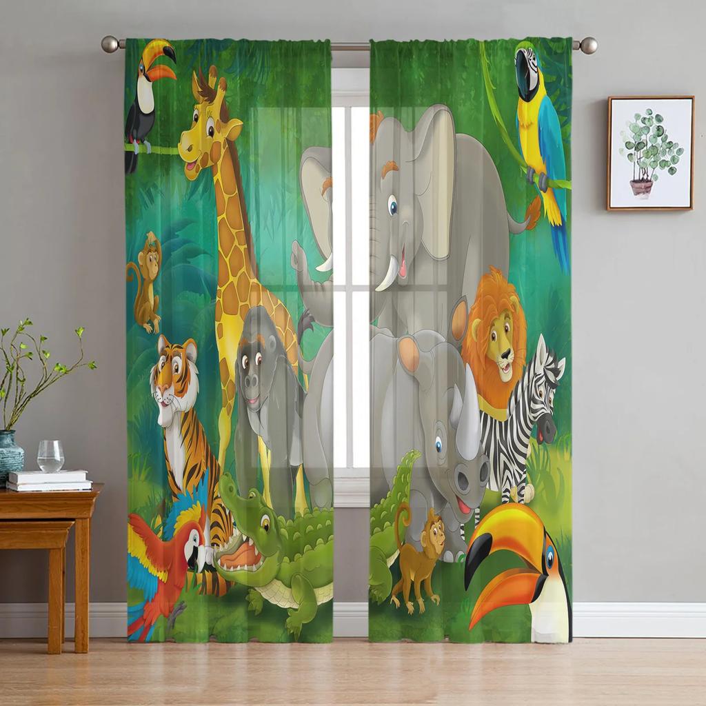 Jungle Forest Cartoon Animal Lion Elephant Tulle Sheer Curtains for Living Room Bedroom Window Curtain Voile Organza Drapes