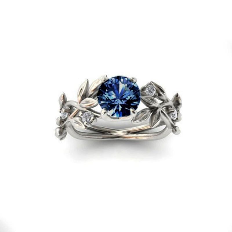 New Women's Silver Plated Olive Leaf Engagement Ring with Blue Pink Green Cubic Zirconia Wedding Band Jewelry