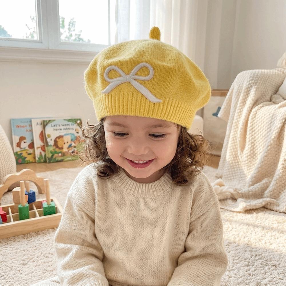 Elastic Bow Embroidery Painter Hat Warm Beanie Cap Daily Wear Children Knitted Beret Gift
