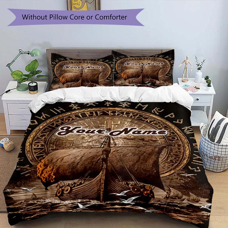 3PC Custom Name Ship Norse Mythology Bedding Set Printed Bedding Set Duvet Cover Closure Includes 1 Duvet Cover & 2 Pillowcases for All Seasons Bedroo