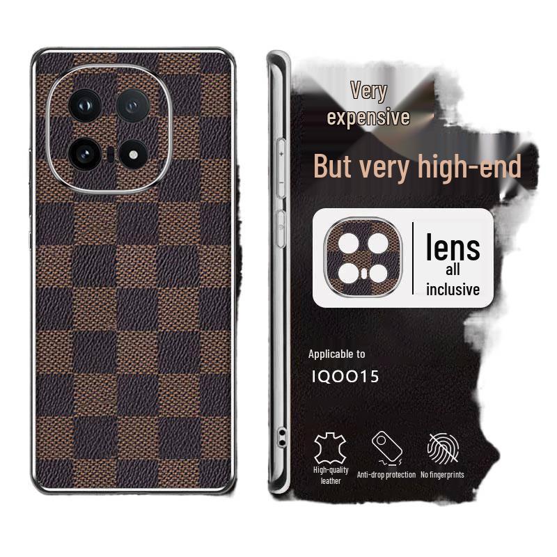 Роскошный кожаный чехол для телефона IQOO15: Высококлассный, Гальванизированный, Противоударный Клетчатый Дизайн для Мужчин