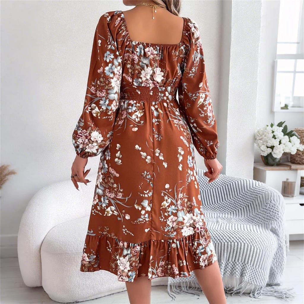 Женская модная юбка А-силуэта с цветочным принтом, квадратным вырезом и длинными рукавами