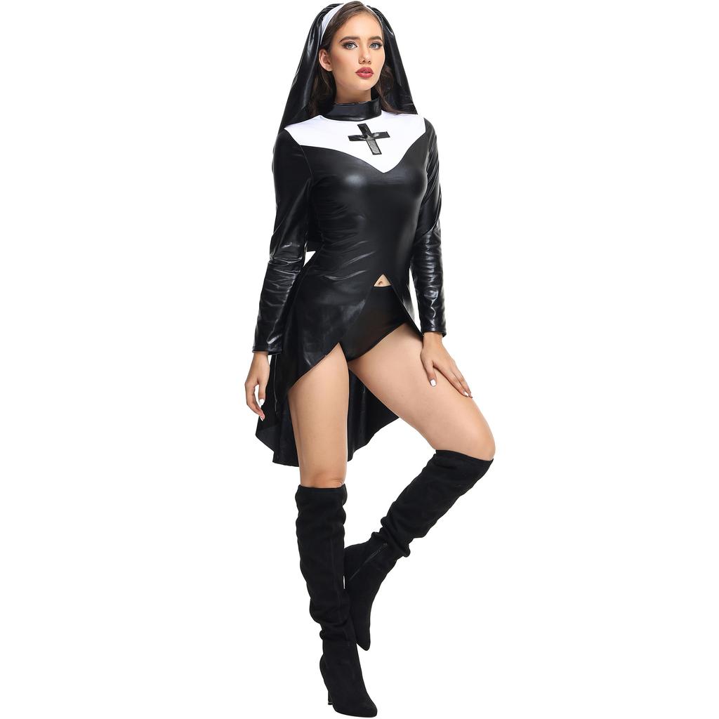 Leather Nun Uniform Halloween Costume PU Leather Punk Nun Costuecos