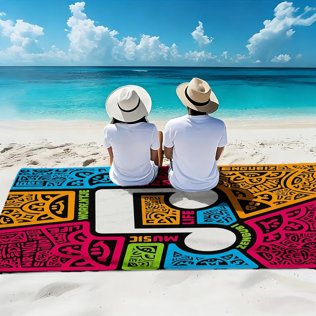European American Style Artistic Printed Oversized Soft Beach Towel Colorful Geometric and Music Note Print Pattern