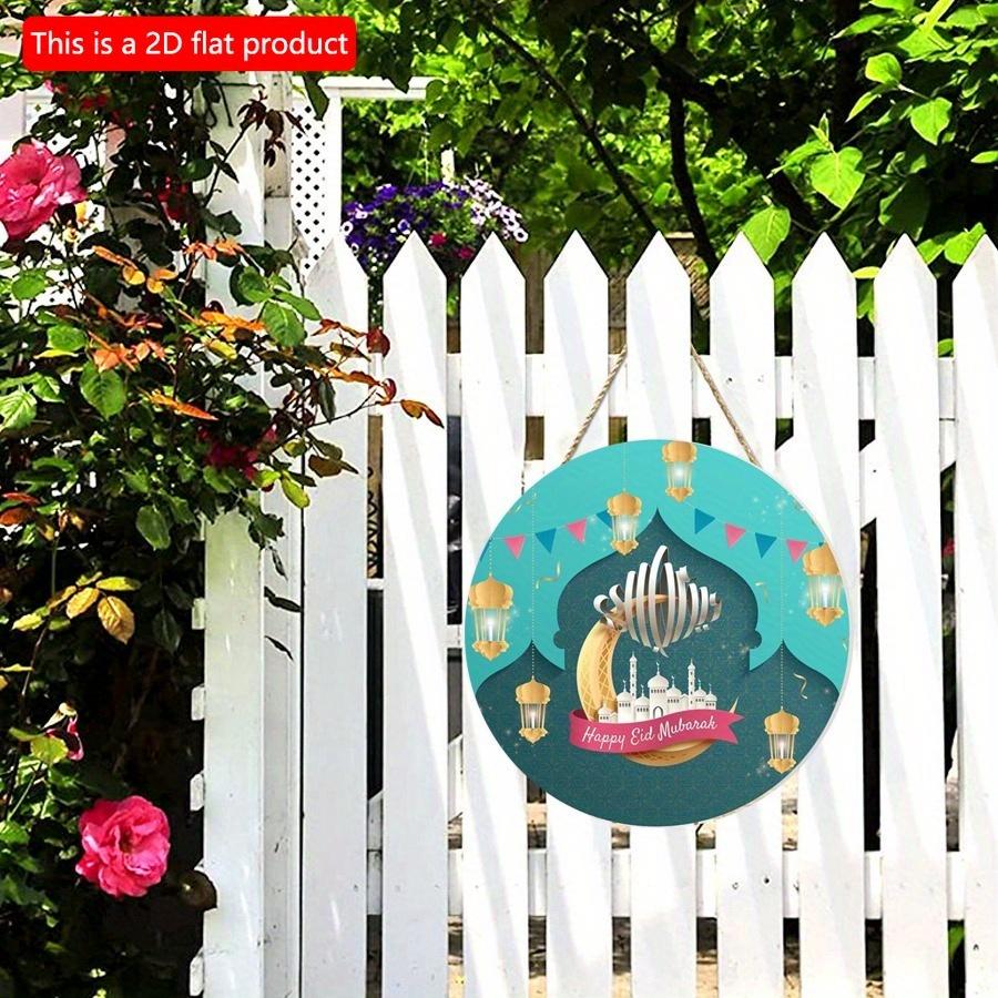 2D Flat 20*20cm1pc Happy Eid Mubarak Magnificent Mosque&lantern Patterns Good Quality Round Wooden Pendant, Celebrate Eid Golden Moon Ceiling Hanging