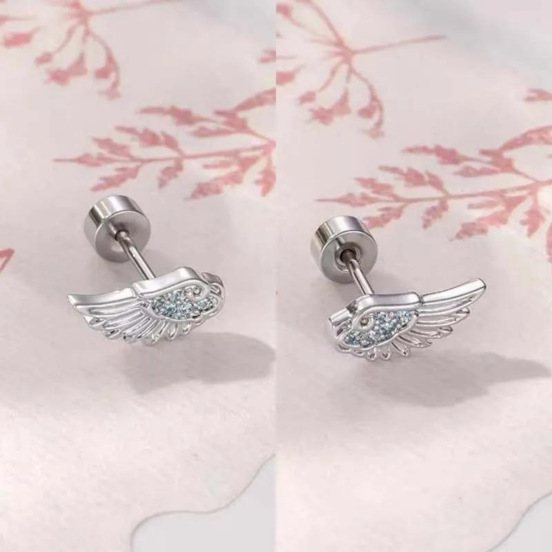 Silver Zircon Wing Stud Earrings for Women Shiny Crystal Geometric Personality Ear Bone Nail Jewelry Gifts