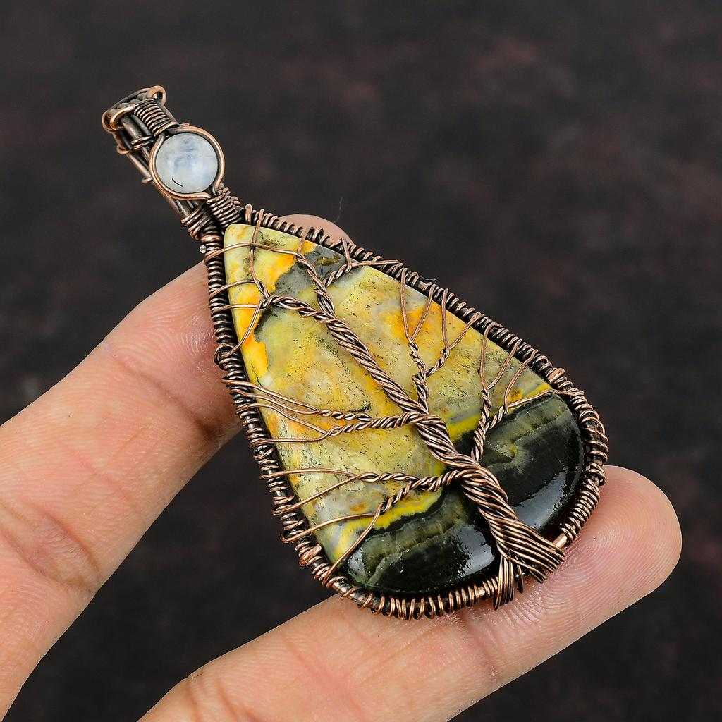 Tree Of Life Bumble Bee Jasper Pendant Copper Wire Wrapped Pendant Rainbow Moonstone Pendant Handmade Gemstone Pendant Dainty Copper Jewelry