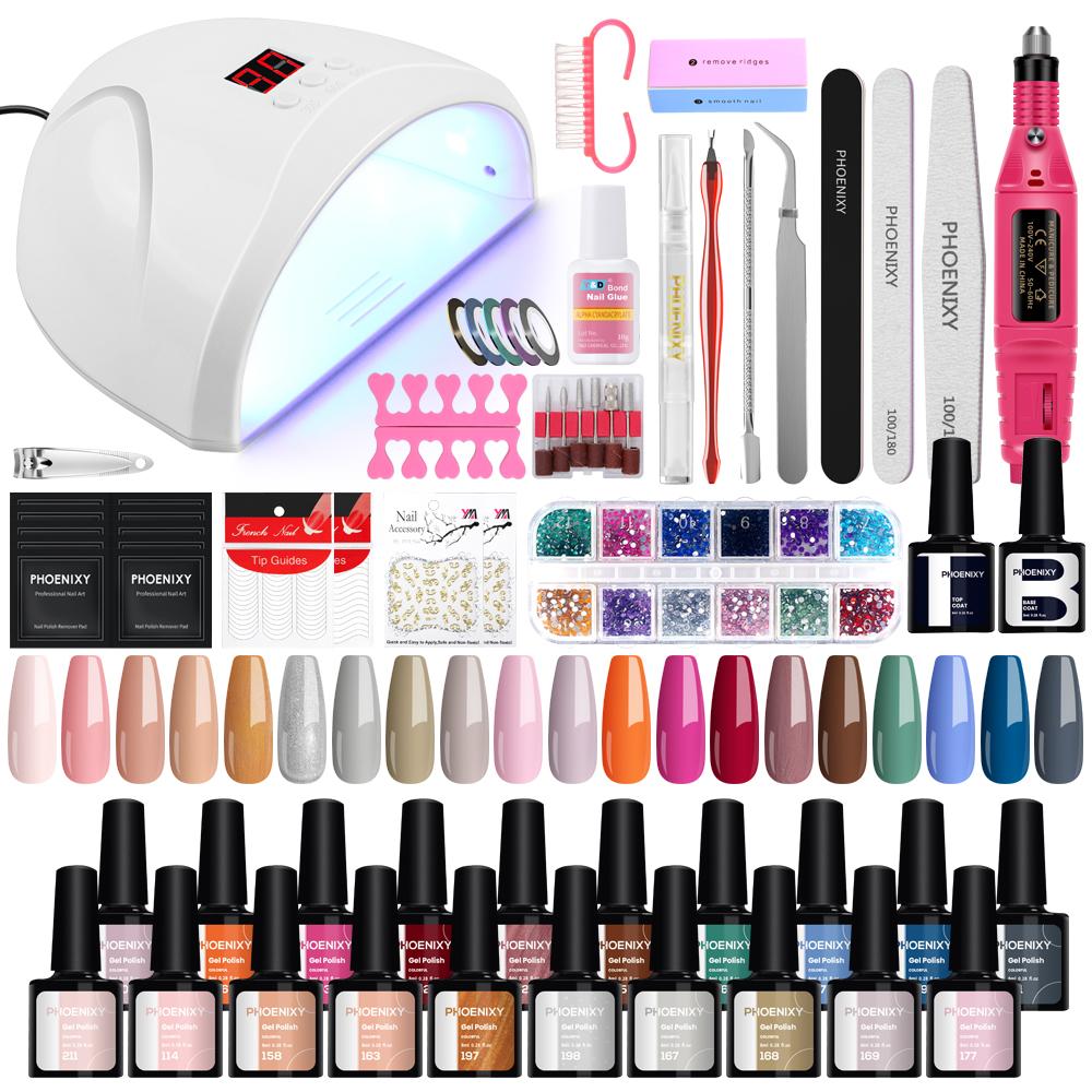 PHOENIXY Набор для дизайна ногтей 20 цветов гель-лака для ногтей с лампой для ногтей 36 Вт и инструментами для ногтей Полный набор для маникюра для дизайна ногтей