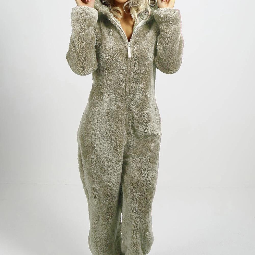5XL Women Fluffy Jumpsuits Pajamas Plush Velvet Hooded Outfits Tracksuits Zipper Loose Casual Rompers Winter Warm Overall Homewears