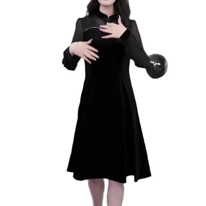 Весеннее кружевное бархатное платье с открытыми плечами в европейском стиле для полных женщин среднего возраста