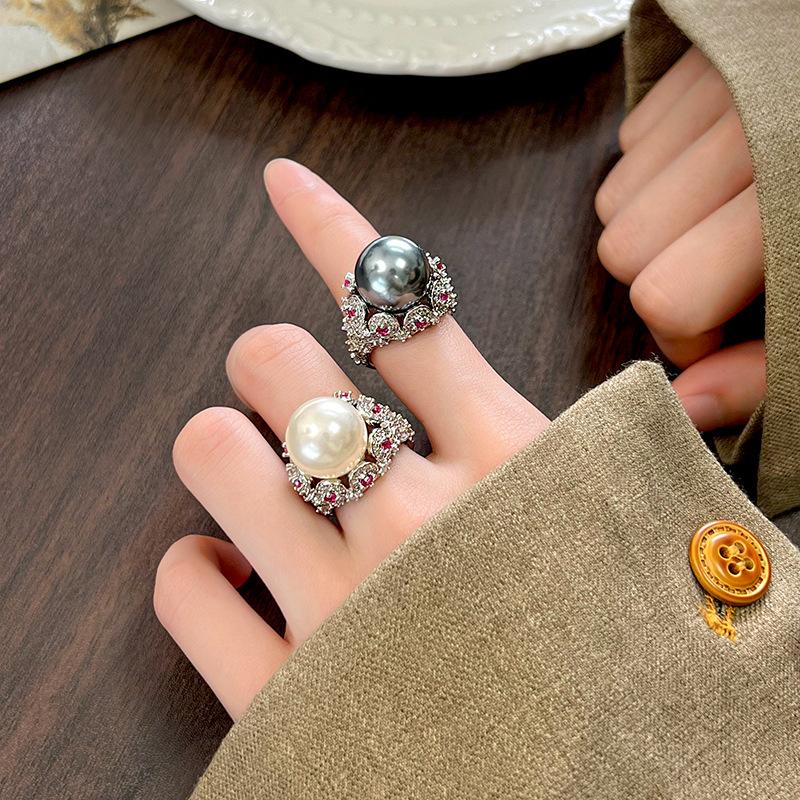 Ювелирная вставка Имитация серого жемчуга Ретро кольцо с бриллиантовой закрепкой 14 мм