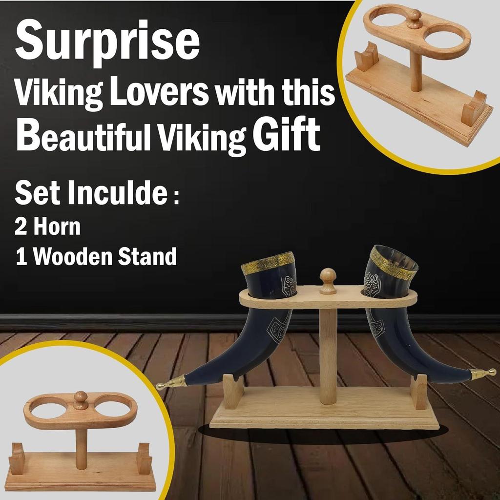 Viking Drinking Handmade Natural OX Horn Cup for Ale, Beer, Mead, Wine | 12 Inch | 100% Leak Free | with Beautiful Wooden Stand (Set of 2)