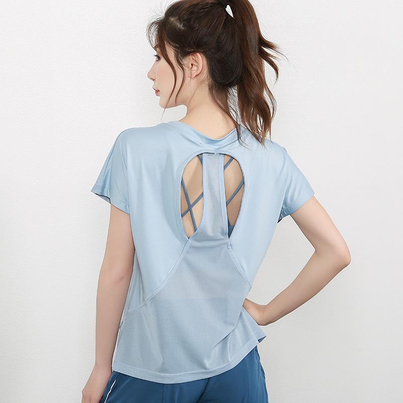 Женская быстросохнущая футболка для йоги с открытой спиной - Дышащая, свободного кроя, с короткими рукавами, летняя одежда для активного отдыха