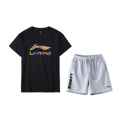 Li Ning Спортивная Модная Серия Логотип Буквенный Пуловер Футболка с Коротким Рукавом Шорты Миди с Завышенной Талией Повседневный Спортивный Комплект Унисекс Комплект AHSU835-1+AKSU747-2