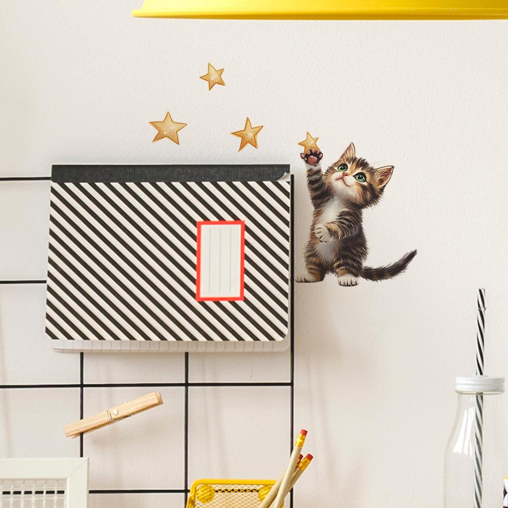 Мультяшный котенок, тянущийся к звездам, наклейка на панель выключателя для декора стены спальни, гостиной, съемная наклейка