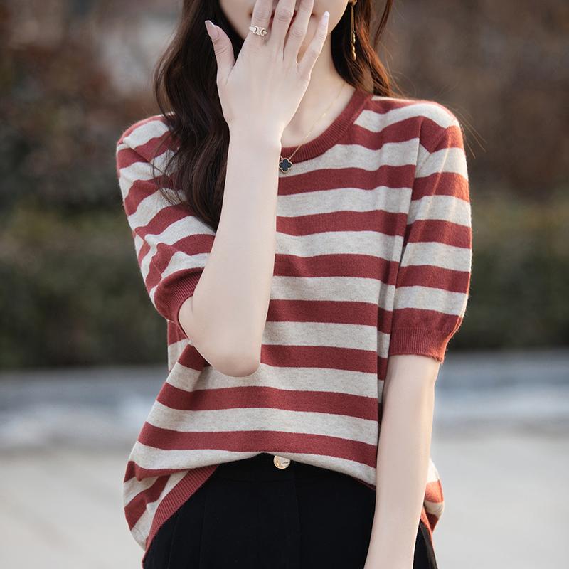 Women Knit T-shirt MODERN NEW SAGA Summer Knitted Shirt Striped Short Sleeve Tees O-neck Pullover Knit Tops