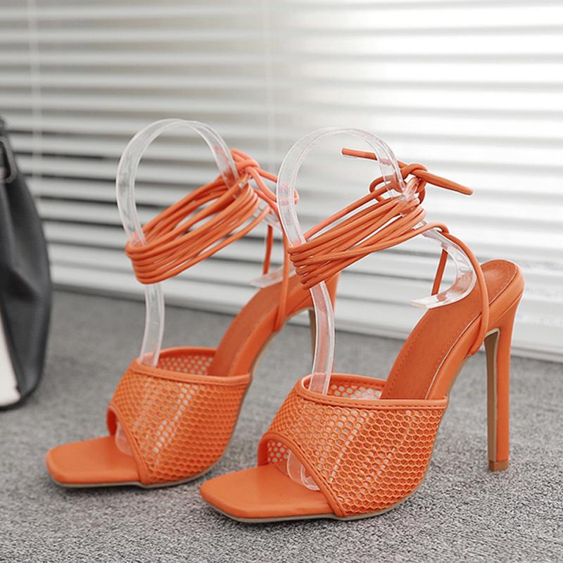 Sexy Purple Orange Mesh Women Sandals Summer Fashion Square Open Toe Ankle Cross Lace -Up Heels Stiletto Hollow Dress Shoes Pumps